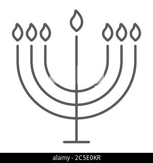 Icona della linea sottile del menorah grande, hanukkah e religione, segno della candela, grafica vettoriale, un motivo lineare su uno sfondo bianco. Illustrazione Vettoriale
