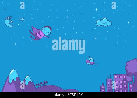 Carino cartone animato di una scena notturna con un supereroe che sorvola le montagne e la città. Illustrazione Vettoriale