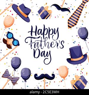 Modello di disegno di un poster, un poster o un biglietto d'auguri per il giorno dei Padri felici. Cornice con decorazione di festa e calligrafia disegnata a mano. Vector Flat CAR Illustrazione Vettoriale