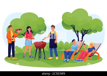 Barbecue all'aperto. Amici felici che cucinano carne alla griglia e salsicce durante il picnic estivo. Vettore piatto cartoon uomini e donne illustrazione caratteri. Wee Illustrazione Vettoriale