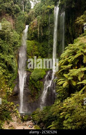 Immagine verticale della cascata Sekumpul a Bali, Indonesia Foto Stock