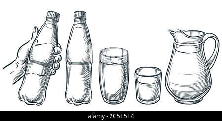 Bottiglia di plastica per mano umana con acqua. Acqua minerale pura in tazza di vetro e caraffa. Illustrazione dello schizzo disegnata a mano dal vettore. Illustrazione Vettoriale