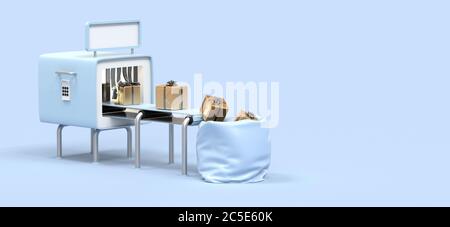 regali sul nastro trasportatore, illustrazione sulla logistica Foto Stock