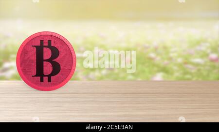 Moneta rossa d'oro bitcoin isolata su campo di fuoco dei fiori. Bit-coin 3d render isolato, criptovaluta, criptovaluta, criptovaluta, business, management, rischio, denaro, contanti, Foto Stock