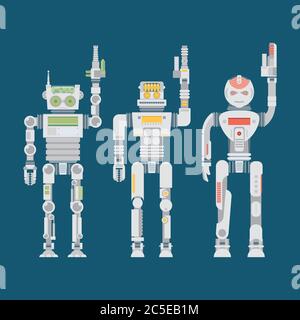 Set di vettori icone piatte robot. Tecnologia delle macchine ai, intelligenza artificiale cyborg, scienza robotica illustrazione Illustrazione Vettoriale