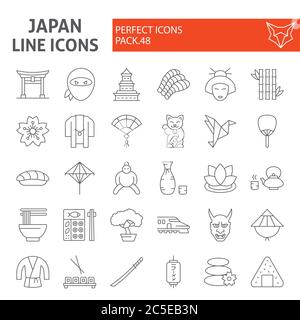Set di icone a linea sottile per il Giappone, collezione di simboli alimentari giapponesi, schizzi vettoriali, illustrazioni di logo, pacchetti di pittogrammi lineari per i segni della cultura asiatica Illustrazione Vettoriale