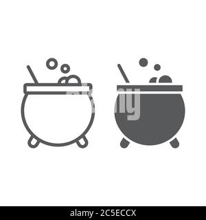 Streghe cauldron linea e icona glifo, magia e pentola, segno di pozione, grafica vettoriale, un pattern lineare su sfondo bianco. Illustrazione Vettoriale