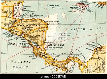 Mappa che mostra il canale del Nicaragua, una proposta di rotta di navigazione attraverso il Nicaragua attraverso il lago Nicaragua nel primo decennio del XX secolo, che avrebbe collegato l'Oceano Atlantico e il Pacifico. Il piano non è mai andato avanti dopo la costruzione del canale di Panama. Dal Business Encyclopedia e dal Consulente legale, pubblicato 1907. Foto Stock