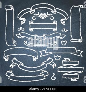 Set di striscioni e nastri vintage per lavagna disegnati a mano Illustrazione Vettoriale