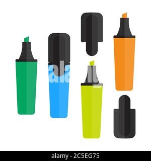 Set di pennarelli colorati. Strumenti di pittura vivaci per bambini, vari colori. Matite per artisti e bambini. Illustrazione del vettore di stock. Illustrazione Vettoriale