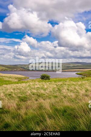 Marzo Haigh diga serbatoio con Marsden in lontananza. Huddersfield. Yorkshire Foto Stock