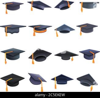 Set di icone per cappello di laurea. Set di cartoni animati di graduazioni Hat icone vettoriali per il web design Illustrazione Vettoriale