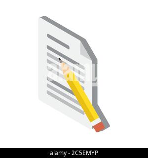 Isometrica dell'icona carta e penna in stile piatto alla moda. Illustrazione vettoriale. EPS 10. Illustrazione Vettoriale