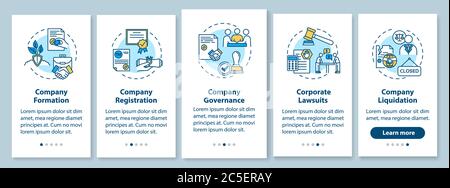 Schermata della pagina delle app mobili di onboarding per le leggi aziendali con concetti Illustrazione Vettoriale
