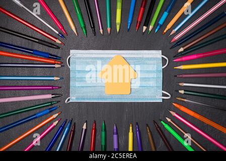 Studiare durante il concetto di distanza sociale. In alto vista foto della casa a forma di nota sulla maschera circondata da cancelleria colorata isolato sopra Foto Stock