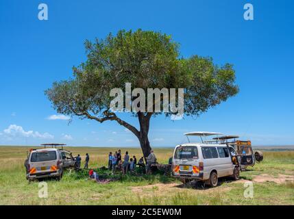 Safari veicoli e persone con un pranzo al sacco sotto un albero, Mara Triangle, Masai Mara National Reserve, Kenya, Africa Foto Stock