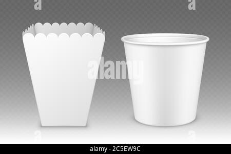 Secchio vuoto per popcorn, ali di pollo o gambe bianco mockup isolato su sfondo trasparente. Ffastfood vuoto, carta gallina disegno bucketful, rendering scatole di cibo, realistico vettore 3d mock up Illustrazione Vettoriale