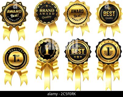 Badge dorati di lusso con nastri. Premio per la migliore qualità, medaglia al primo posto. Etichette di design di qualità superiore per le aziende Illustrazione Vettoriale