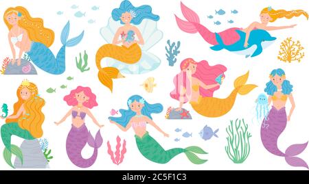 Sirena. Simpatico mitico principessa, piccole sirene e delfini, conchiglie e alghe, pesci e coralli subacquei gioco caratteri vettoriali Illustrazione Vettoriale