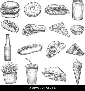 Schizzo di fast food. Pizza, ciambelle e gelato, patatine fritte e hamburger. Taco, cola e hot dog, burrito e cheeseburger vettore doodle insieme Illustrazione Vettoriale