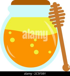 Miele in vaso con cucchiaia di miele isolato vettore illustrazione sciroppo d'oro dolce icona Illustrazione Vettoriale