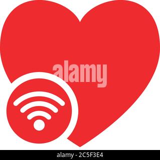 Forma del cuore rosso con simbolo della rete wifi amore connessione internet online datazione a lunga distanza rapporto icona Illustrazione Vettoriale