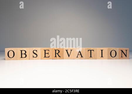Testo di osservazione da cubi di legno. Termine relativo agli esperimenti scientifici. Foto Stock