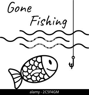 Gone Fishing Text Logo onde isolate e canna da pesca Vector Illustration Illustrazione Vettoriale