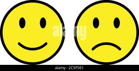 Set di due icone Emoticon giallo isolato su sfondo bianco Flat Design Happy and Unhappy Vector Illustration Illustrazione Vettoriale