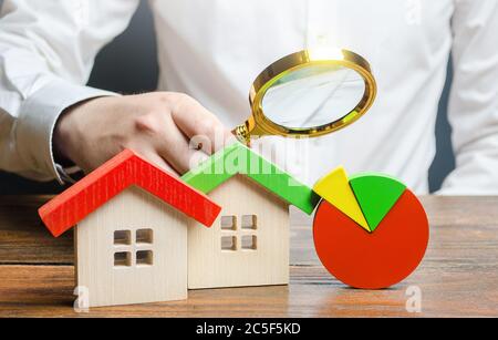 L'uomo sta studiando la struttura dei costi di alloggio con una lente di ingrandimento. Revisione delle spese e delle tariffe di servizio. Consumo energetico efficiente dell'acqua. App Foto Stock