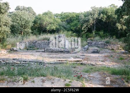 Troia. Vista sulla città di Troy. Pietre storiche. Rovine storiche e strutture in rovina. Foto Stock