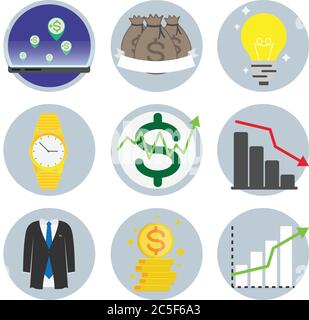 Gruppo di icone dell'imprenditore finanziario. Dollaro di denaro segno moneta vestito simboli. Illustrazione vettoriale. Illustrazione Vettoriale