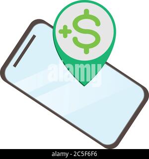 Fare soldi dall'icona di notifica del telefono Dollaro firmi il pin vendendo via e-commerce in linea dello smartphone Illustrazione Vettoriale