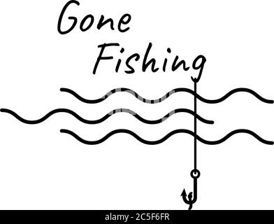 Gone Fishing Text Logo onde isolate e canna da pesca Vector Illustration Illustrazione Vettoriale