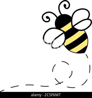 Flying Bee Illustrazione Bumblebee nero e giallo con Wings Bianco Cartoon icona vettore isolato Illustrazione Vettoriale