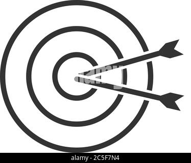 Due frecce icona Bullseye di destinazione. Firma del concetto di strategia di marketing. Illustrazione vettoriale isolata su sfondo bianco. Illustrazione Vettoriale