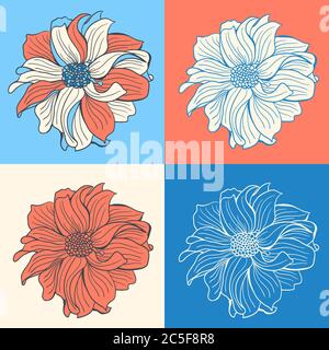 Fiori di dahlia disegnati a mano, set di quattro colori diversi. Illustrazione Vettoriale