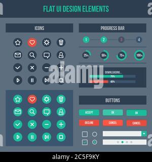 Insieme di elementi di progettazione dell'interfaccia utente piatta: Icone, pulsanti, barre di avanzamento. Illustrazione vettoriale. Colori scuri. Illustrazione Vettoriale