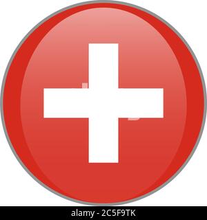 Svizzera bandiera nazionale rotonda icona lucida. Stemma svizzero bianco croce e rosso isolato su sfondo bianco. Illustrazione Vettoriale