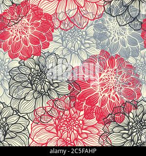 Fiori di dahlia disegnati a mano. Modello vettoriale senza giunture. Sfondo in rosso, grigio e nero. Illustrazione Vettoriale