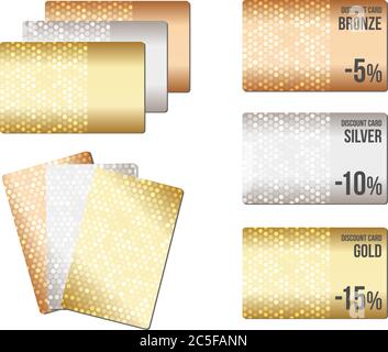 Set di sfondi metallizzati di lusso. Bronzo, argento, oro. Per sconti, carte di credito, carte regalo o altri design. Illustrazione Vettoriale