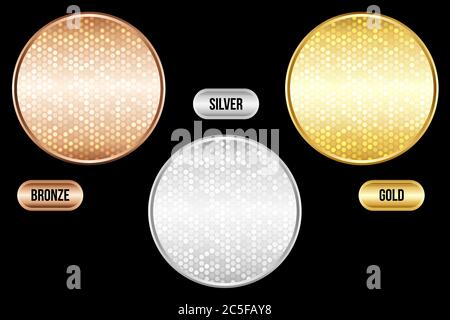 Set di sfondi metallizzati di lusso. Bronzo, argento, oro. Per carte di sconto o altri design. Illustrazione Vettoriale