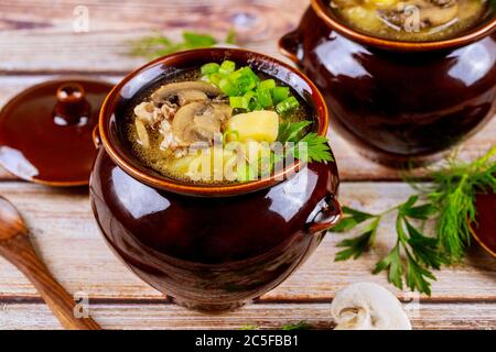 Funghi stufati con patate e carne in pentole di argilla con coperchio. Foto Stock