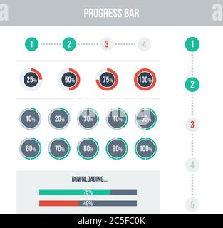 Insieme di elementi di progettazione dell'interfaccia utente piatta - barre di avanzamento diverse. Illustrazione vettoriale. Colori chiari. Illustrazione Vettoriale