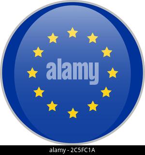 Logo rotondo blu dell'Unione europea con stelle gialle immagine vettoriale del segno del prodotto UE isolata su sfondo bianco. Illustrazione Vettoriale