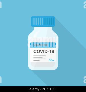 COVID-19 icona del flacone di vaccino isolato su sfondo azzurro Coronavirus epidemia influenza trattamento illustrazione vettore Illustrazione Vettoriale
