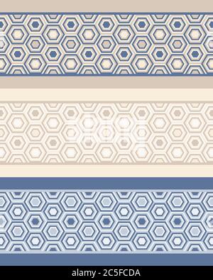 Tre bordi con un disegno geometrico astratto di moda con esagoni. Sfondo vettoriale senza giunture. Set di 3 varianti di colore. Illustrazione Vettoriale