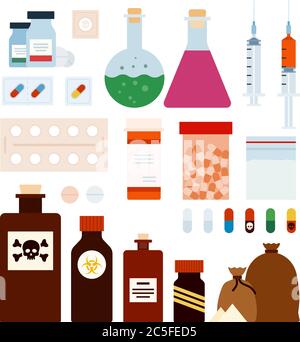 Set di farmaci Poison flat vettore illustrazione. Illustrazione Vettoriale