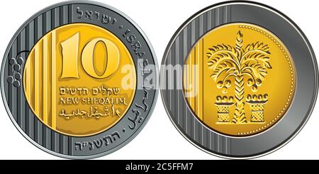 Vettore Israeliano oro e argento moneta dieci sicli. Nominale su retro, palmo della data su Obverse Illustrazione Vettoriale