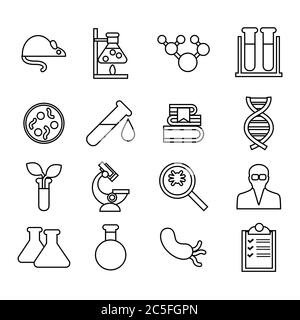 Set di icone per la scienza e il laboratorio. Stile piatto alla moda per grafica, sito web. Illustrazione del vettore di stock. Illustrazione Vettoriale